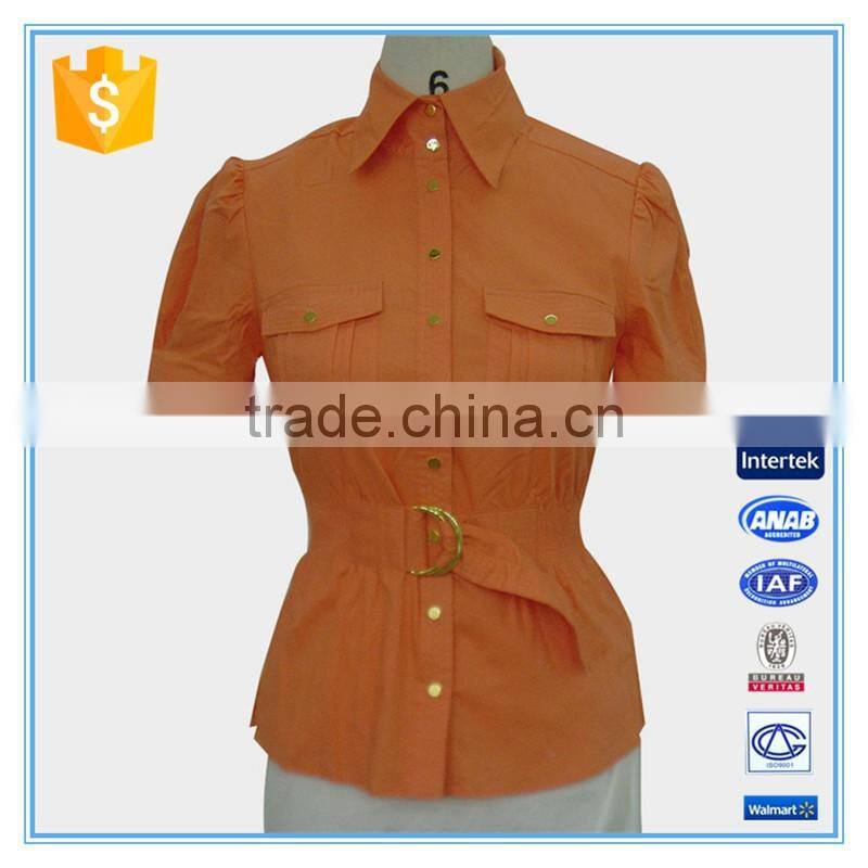 Women cotton spandex blouse with pocket and belt