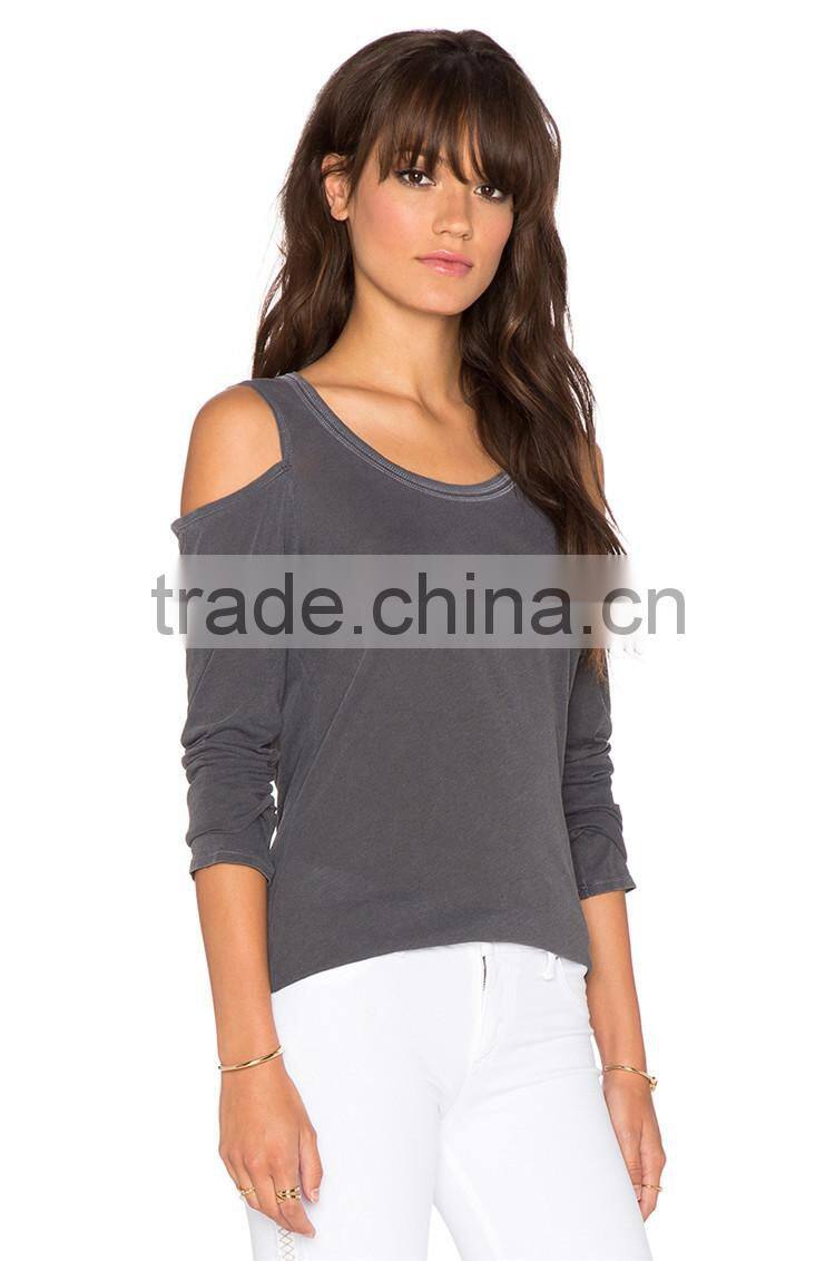 Ladies new design cotton extended off shoulder long sleeve t shirt design