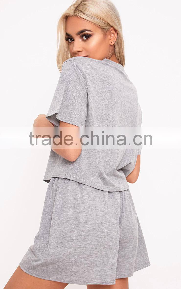 Cheap Price Custom Logo Print Ladies Pajamas Short Pyjama Summer Grey Loungwear Set