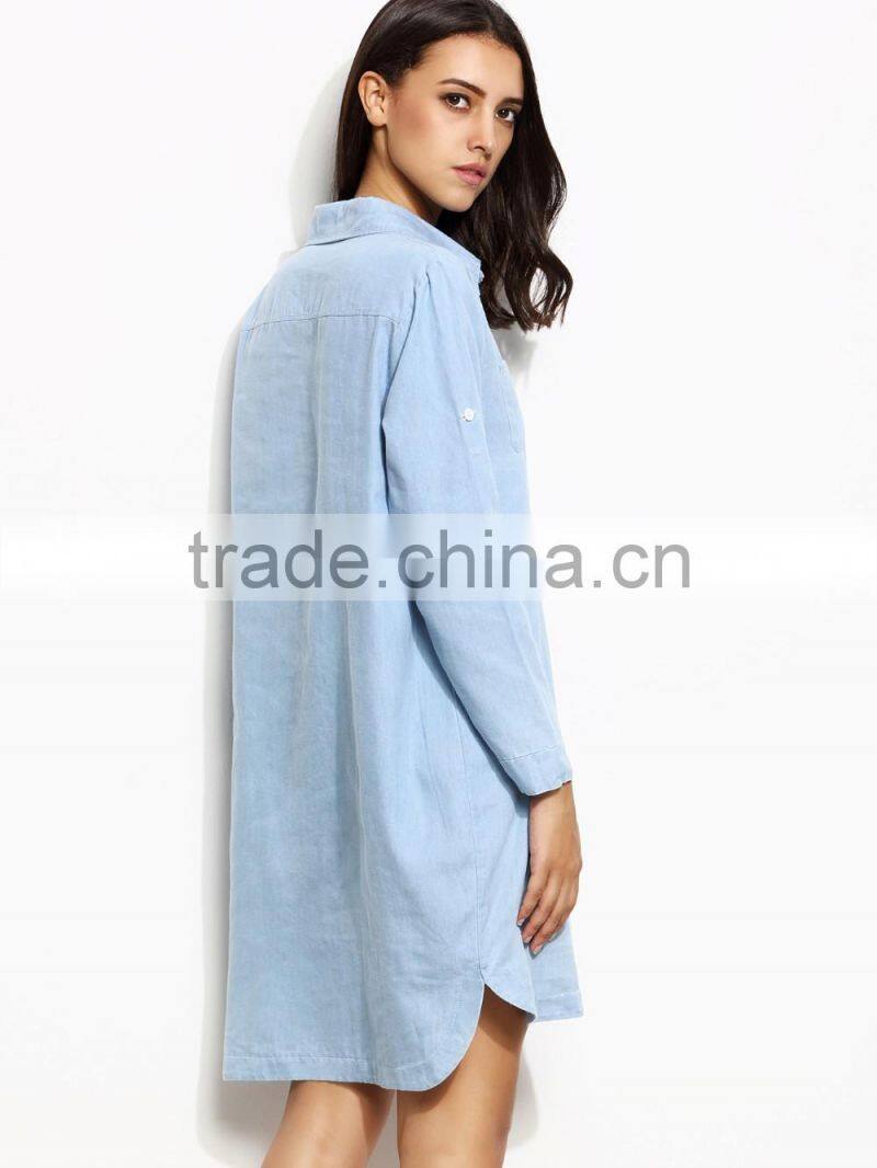 Blue Roll Tab Sleeve High Low Denim Shirt Dress With Pockets On Chest Casual Short Dress With Buttom