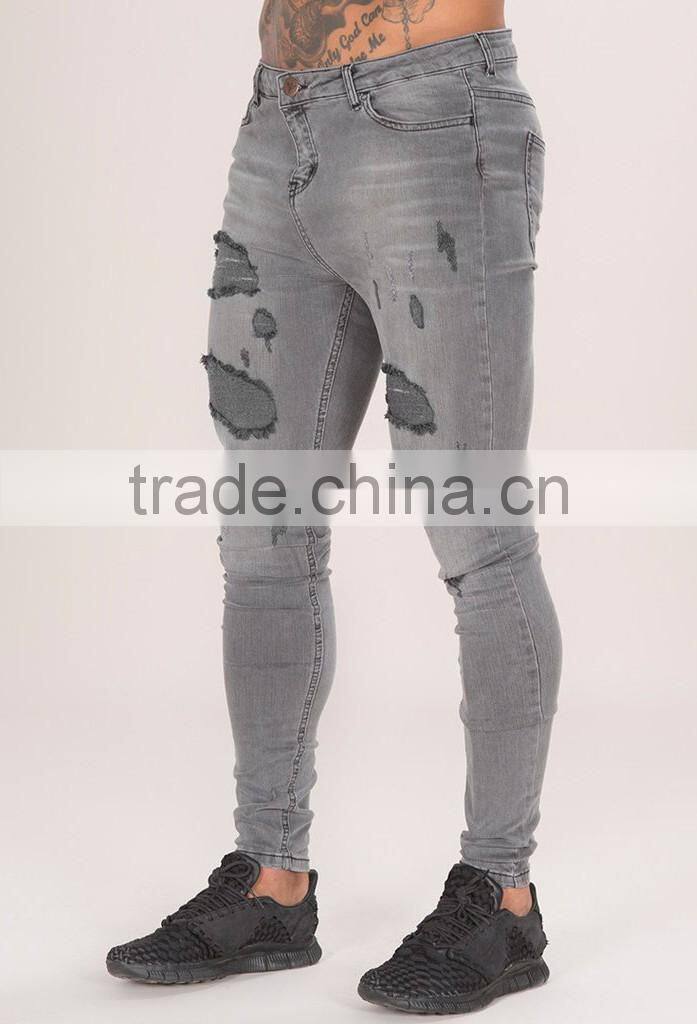 Slim Fit Straight Cut Gray Knee Ripped Acid Wash Low Rise Casual Jeans Trousers for Men