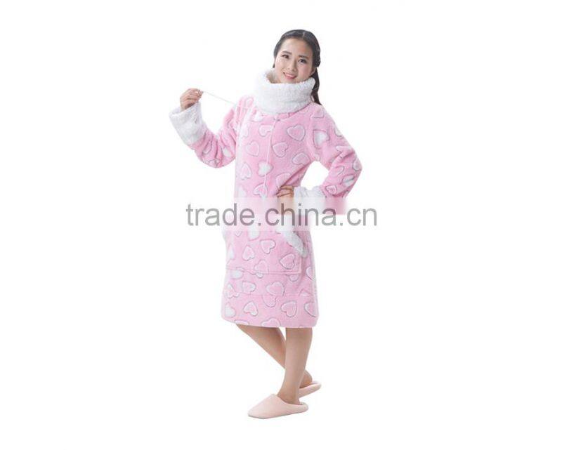 Popular Long Style Design Cute Girls and Women's Coral Fleece Night Skirt Hearted Bathrobe and with Round Collar