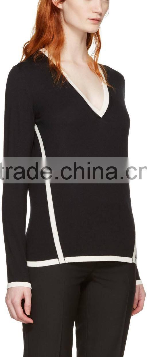 High Quality Long Sleeve Rib Knit V-Necked Black and White Contrast Women Pullover