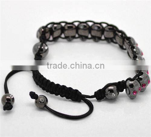 Fuchsia Rhinestone Halloween Skull Beads & Hematite Beads & Black Braiding Adjustable Bracelet 22cm-25cm