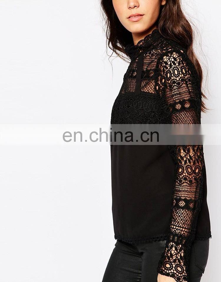 100% Polyester Lace Mock Neck Blouse for ladies