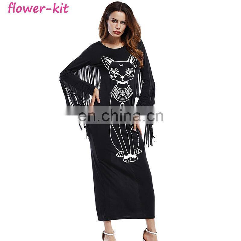Women Long Sleeve Boho Fringe Casual Fitted Bodycon Long Cat Printed Dress