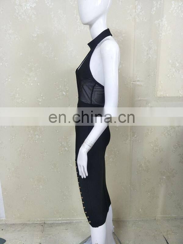 Women Halter Sleeveless Deep V Neck High Split Black Sexy Bodycon Club Party Dresses