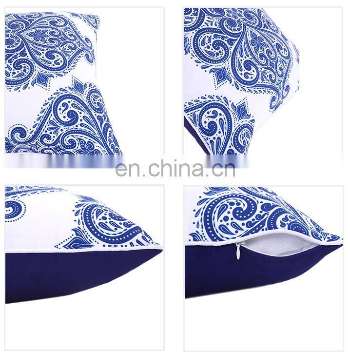 Chinese style blue and white porcelain design polyester canvas outdoor cushion cover with white piping and invisible zipper