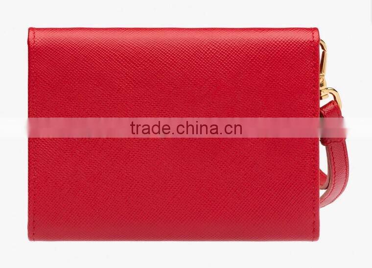 Genuine Saffiano Leather red Branded Business Name CardHolder Credit Card Bag Coin Purse with removable wristbands for ladies