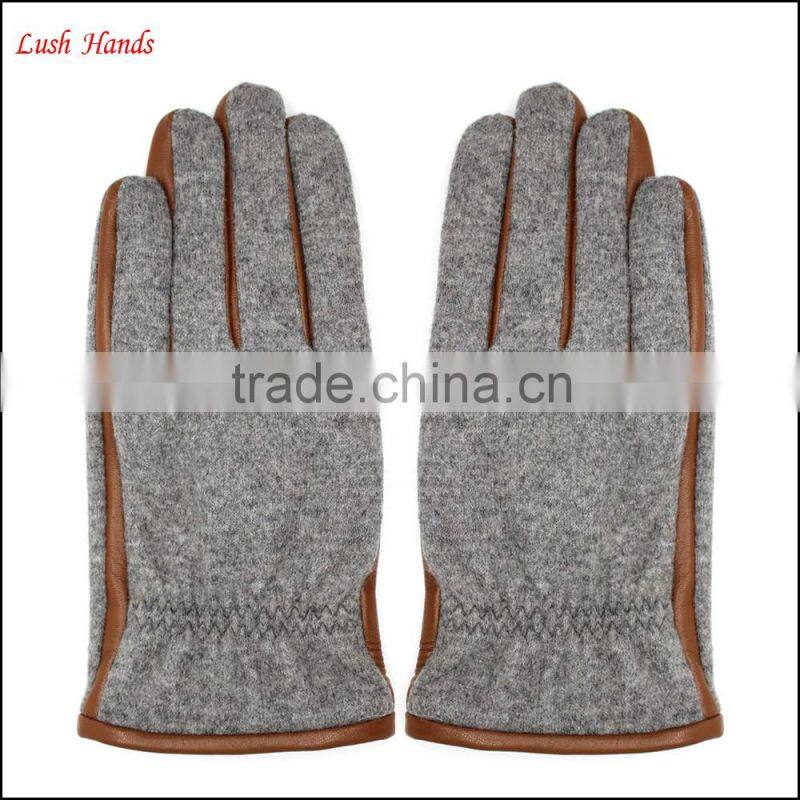 Men's fashion woolen and leather stitch touch screen gloves