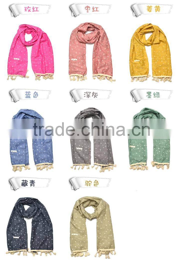 Hot Selling Star Printed Tassel Lace Brim Sewed Boys Girls Kids Linen Cotton Scarf
