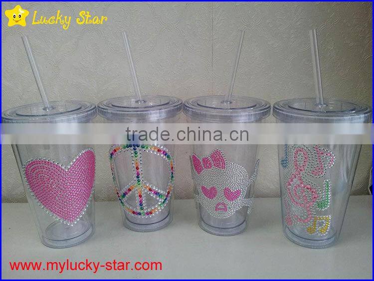 BPA free Acrylic double wall 16 oz tumblers with straw and LED light FDA standard PVC or rhinestone decoration mugs
