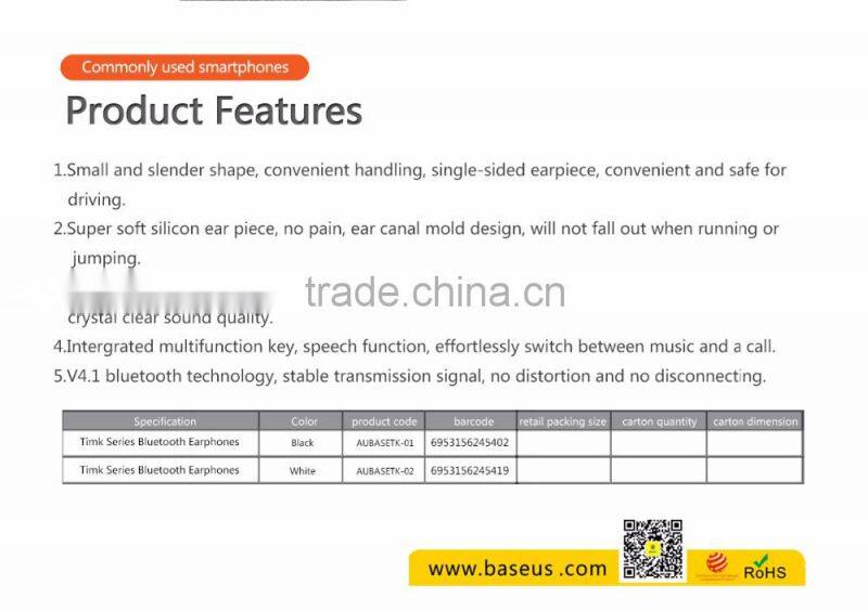 BASEUS TIMK Series Wireless Earphone For iPhone SE 6 6S Universal Ear Hook Bluetooth Headphone For Samsung S5 S6 FOR HTC TB-0328