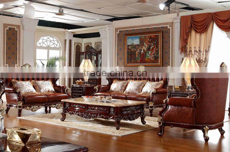 Luxury Classical French Italian European Antique Style Carved Rubber Solid Wood Frame Artistic Red Brown Leather Sofa Set
