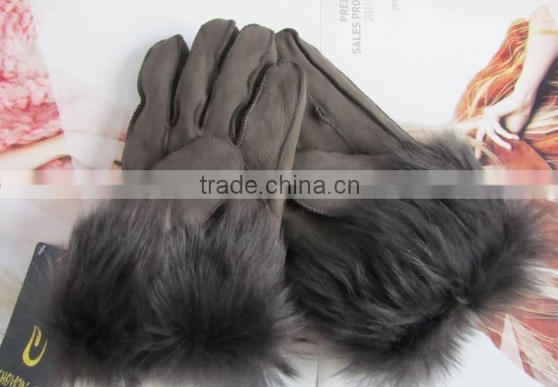 russia style sheep leather gloves with fox fur lining
