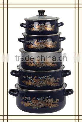 Full Phoenix Decal Dark Navy Blue Double Handle Enamel Cookware Set Kitchenware Enamel Pot 5 Pcs Stock Belly Pot With Glass Lid