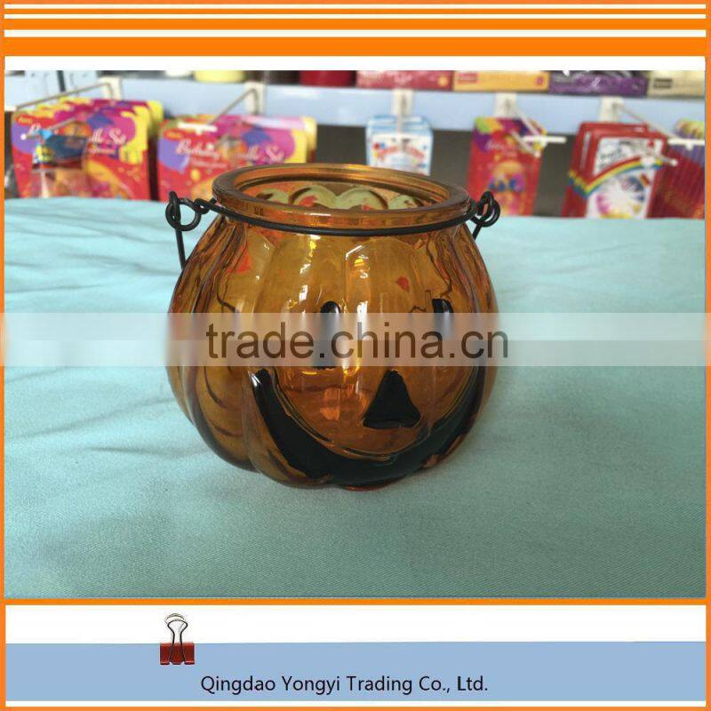 Halloween Pumpkin Yellow Glass Jar Candle For Decoration
