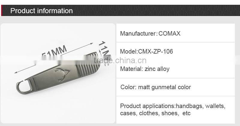 Matt gunmetal finishing metal zipper puller for bag accessories