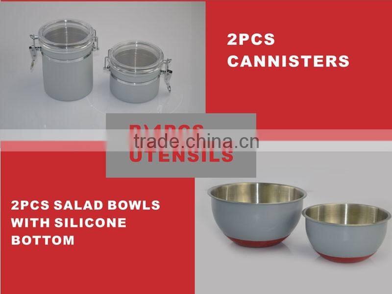 8pcs modern kitchen design stainless steel cookware set with red silicon handle / kitchen accessories/grey salad bowls with red