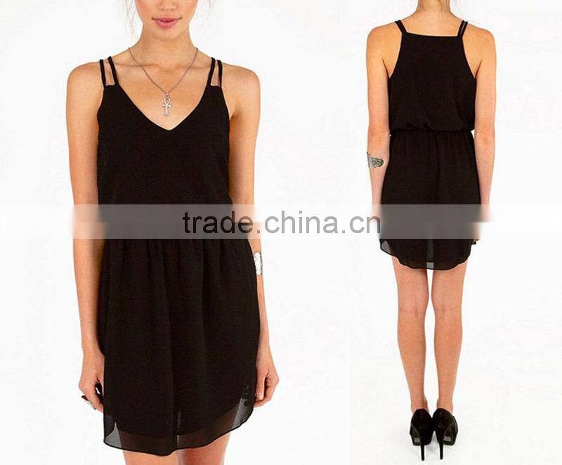 2015 New Women Summer Dress Black Red Double Strap Chiffon Dress Sexy V-neck Skirt Sleeveless Dress XS-XXL