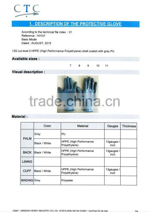 pu coated cut resistant hand glvoes