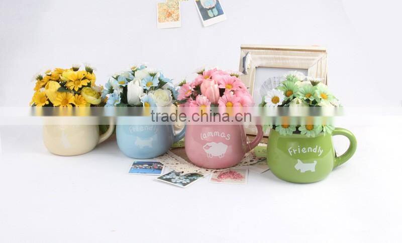 Cup shape ceramic flower pot with silk chrysanthemum small artificial potted for home table decorative