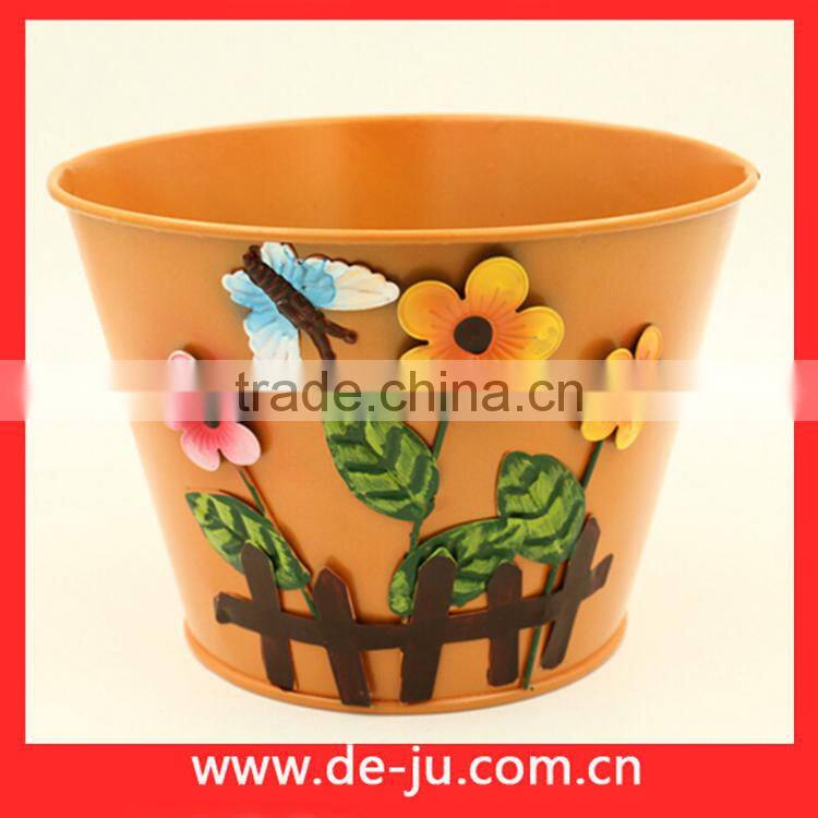 Green Printing With Flowers Round Small Metal Planter