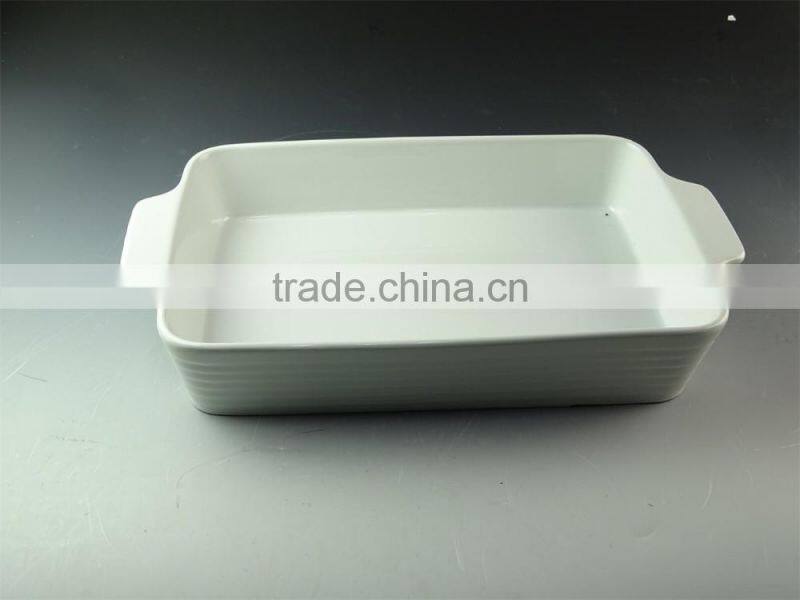 Stocklot 17inch rectangular shape yellow line glaze ceramic bakeware with handles