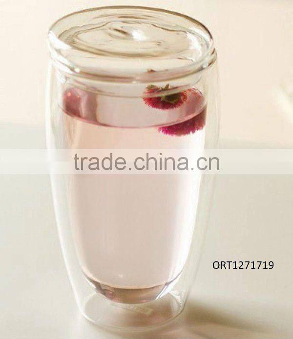 High quality clear borosilicate double wall glass cup with lid for coffee and tea