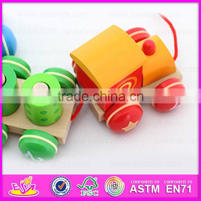 Colorful wooden Pull Shape Block Train Toy for kids,EN71 top sale pull line toy vehicle wooden toy train OEM W05C025