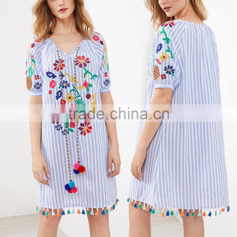 Bohemian Clothing Vertical Striped Embroidered Tassel Hem Pom Pom Dress New Model Girls Dress HSd5212