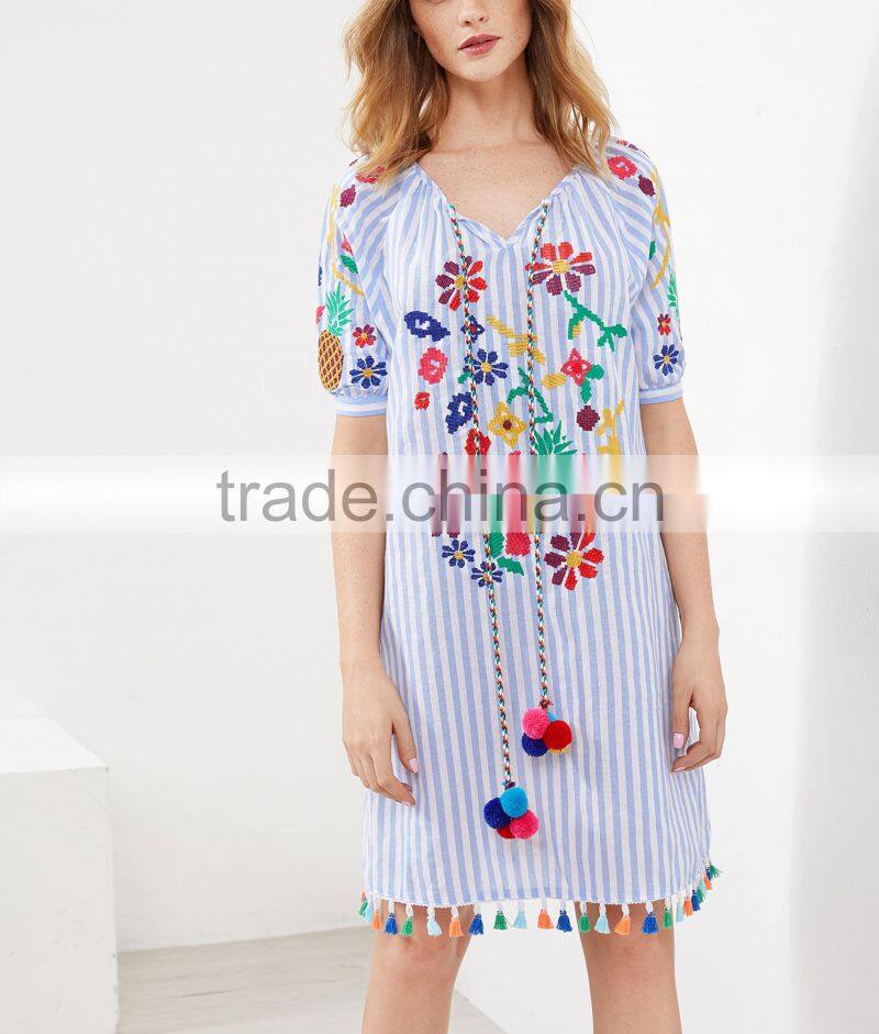 Bohemian Clothing Vertical Striped Embroidered Tassel Hem Pom Pom Dress New Model Girls Dress HSd5212