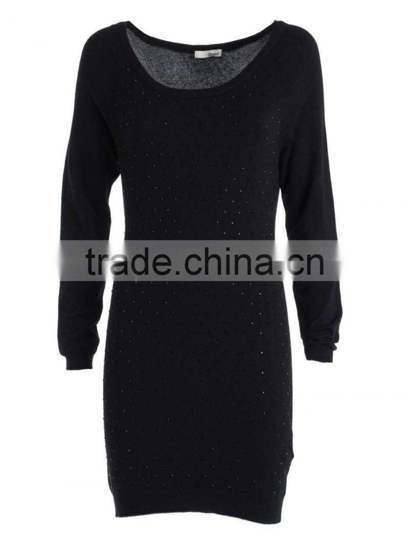 2015 Round Neck Solid Black Beaded Long Sleeve Bottoming Mono Fitness Tight Pullover Womens Dress Wholesale