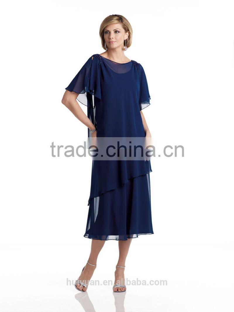 royal blue short sleeve knee length mother chiffon dress
