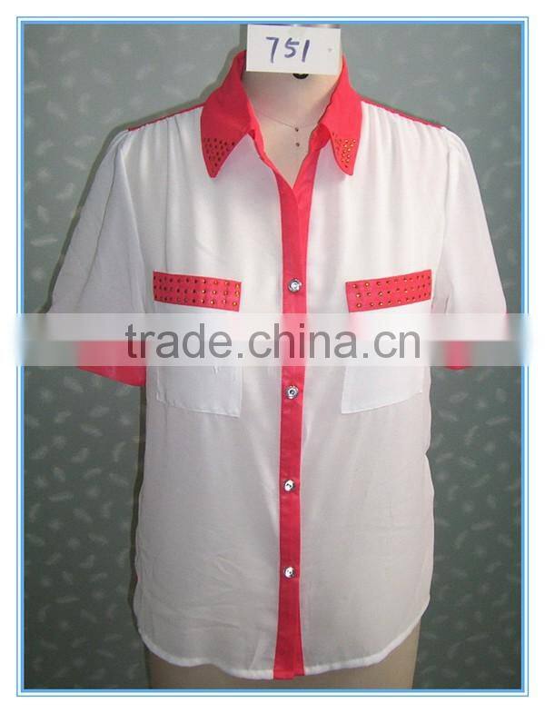 Women White Short Seeve Chiffon Blouses With Hot Stamp Beading
