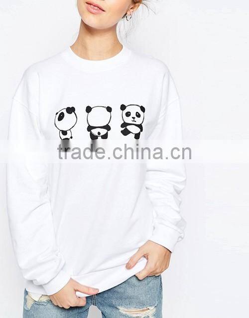 Ladies crew neck cute panda print white sweatshirt