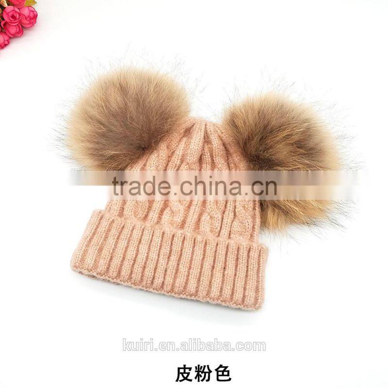 Stylish kids Double Balls Winter Warm Wholesale Beanie Hats with raccoon fur ball