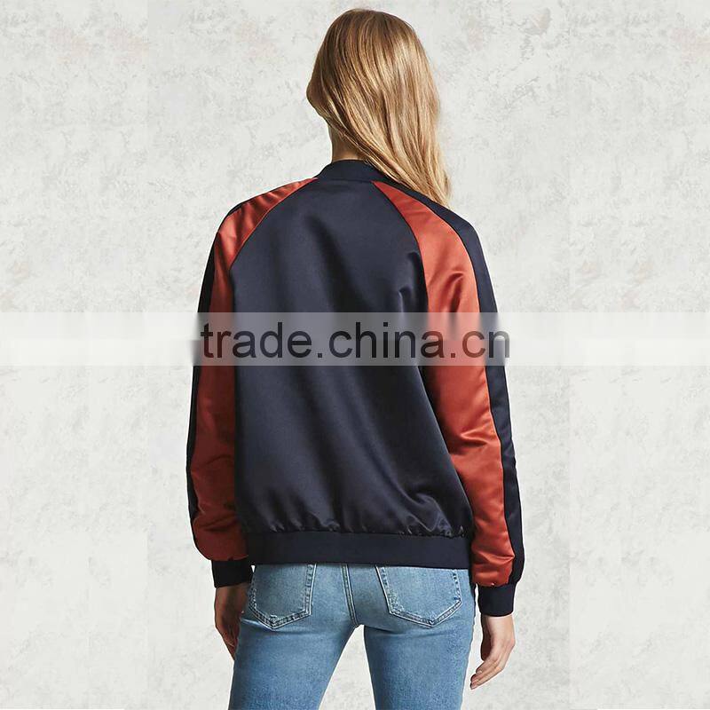 2017 Womens windproof satin contrast ribbed knit trim bomber jackets