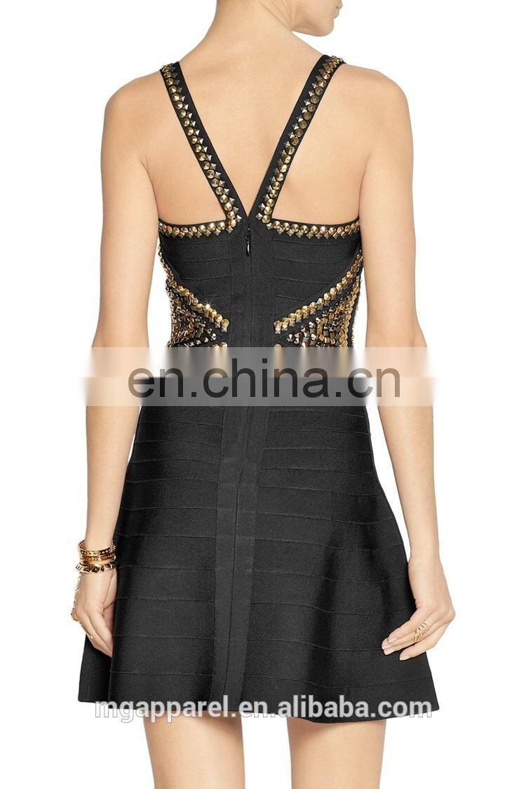 wholesale fashion women sexy bandage dress with flared skirt black stretch embellished cheap rayon bandage dress