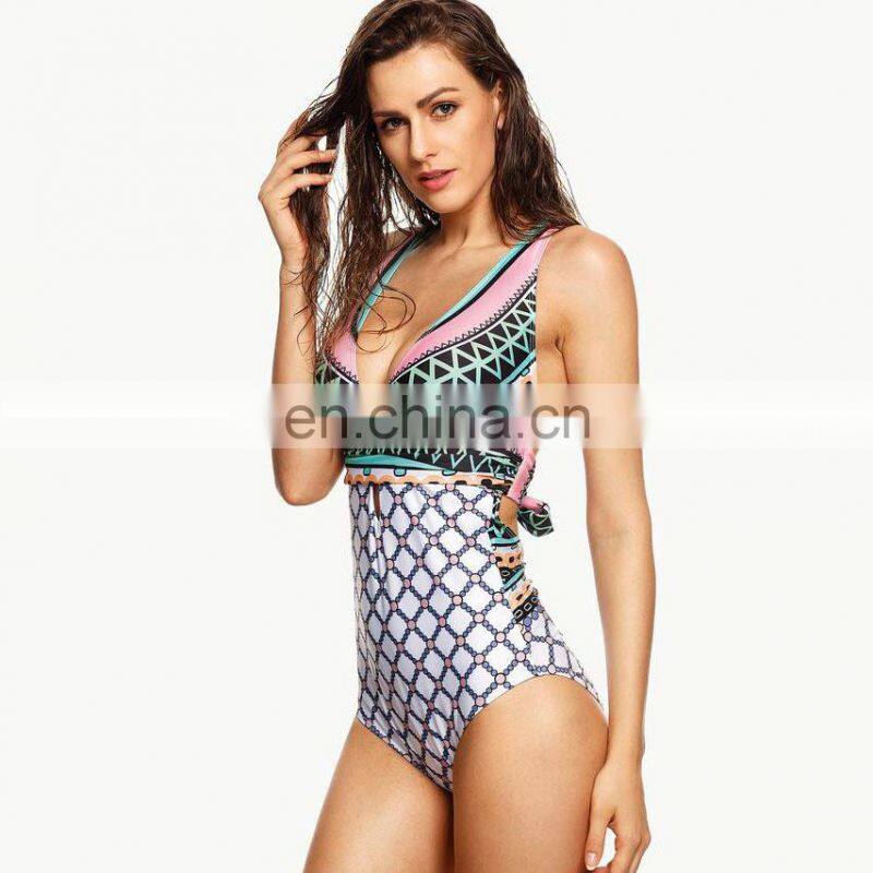 China swimsuit manufacturer push up bathing suits multicolor geo print cutout criss cross monokini