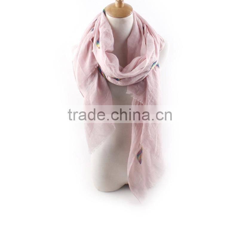 2016 Spring Newest Colorful Leaf Hand Embroidery Designs Cotton Scarves