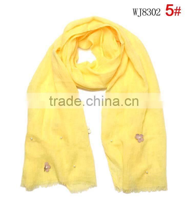 2015 Autumn Winter Newest Small Flower Applique Pearl Beads Fixed Soft Cotton Baby Girl Scarf