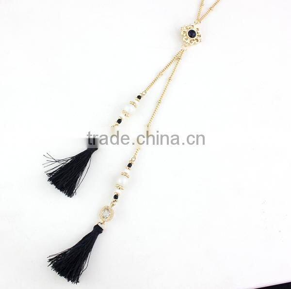 2015 Newest Long Black Tassel Pendant Pearl Inlaid Gems Necklace