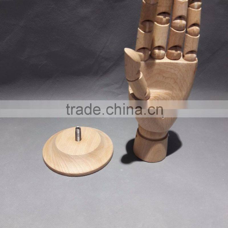 25cm height female left wooden hand beech wood with round wooden base an articulated hand