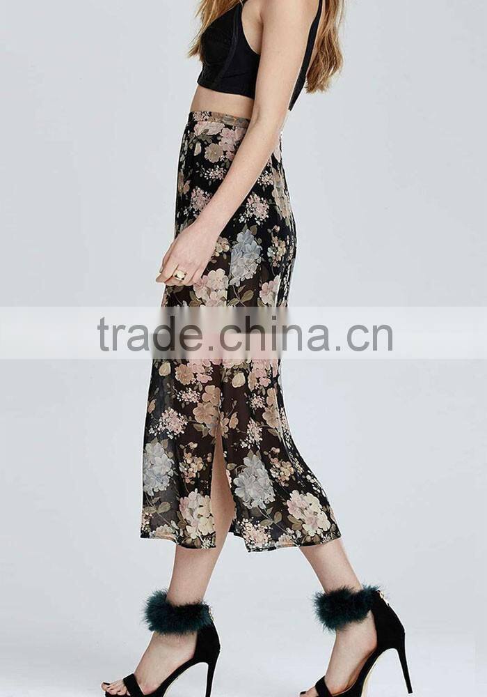 China women clothing manufacturer floral print ladies high waist pleated maxi skirt