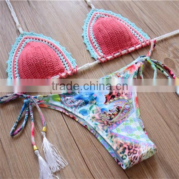 crochet top and elastic bottom style hand crochet sexy swimwear