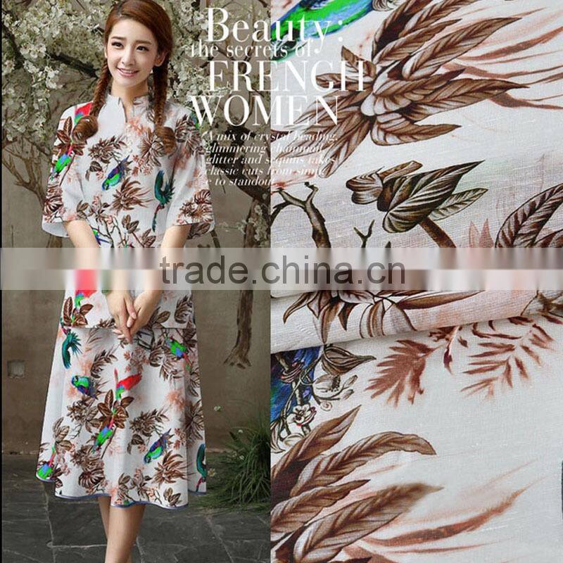 parrot bird branch leaf printed silk linen blend fabric