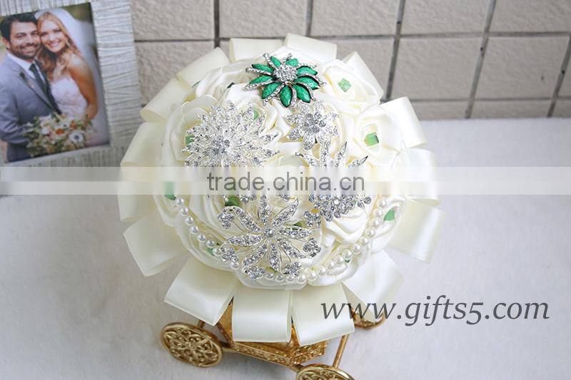 Handmade Custom Satin white Pearl Jeweled Wedding Bouquet ,brooch Bouquet