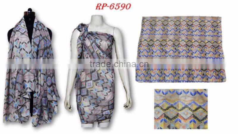 PRINTED SCARVES WITH POMPOM EMBROIDERY SHAWL SCARF PAREO SARONG