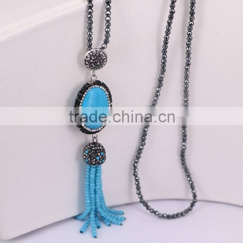 Natural Turquoise Stone with Glass Tassel Jewelry Pendant Necklace, Pave Crystal Beads Hematite Beaded Necklace